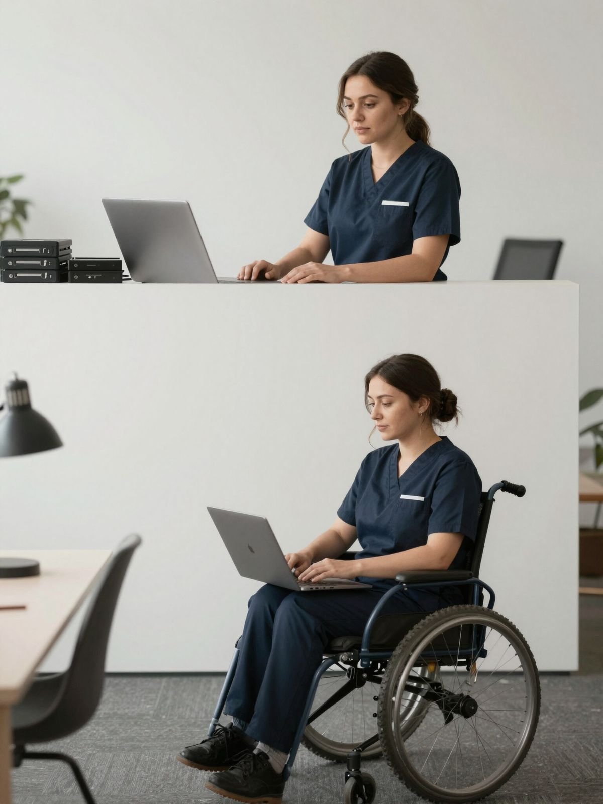 Two support team members working at laptops in a bright office, one using a wheelchair