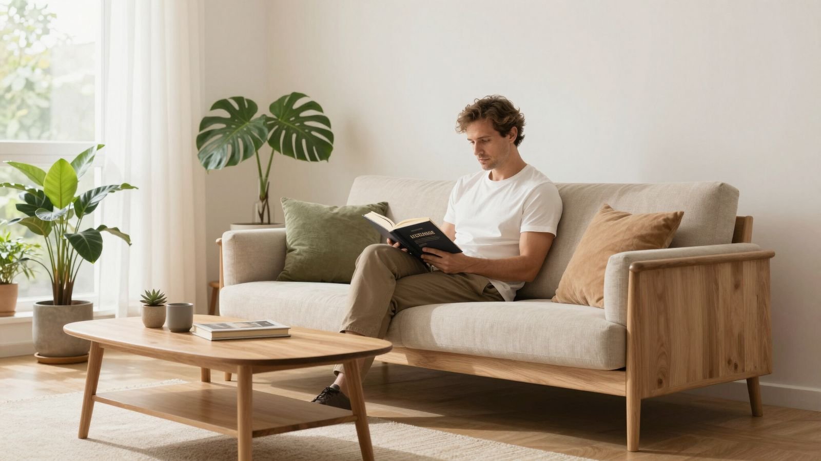 A man relaxing with a book in a clean, tidy and bright living room