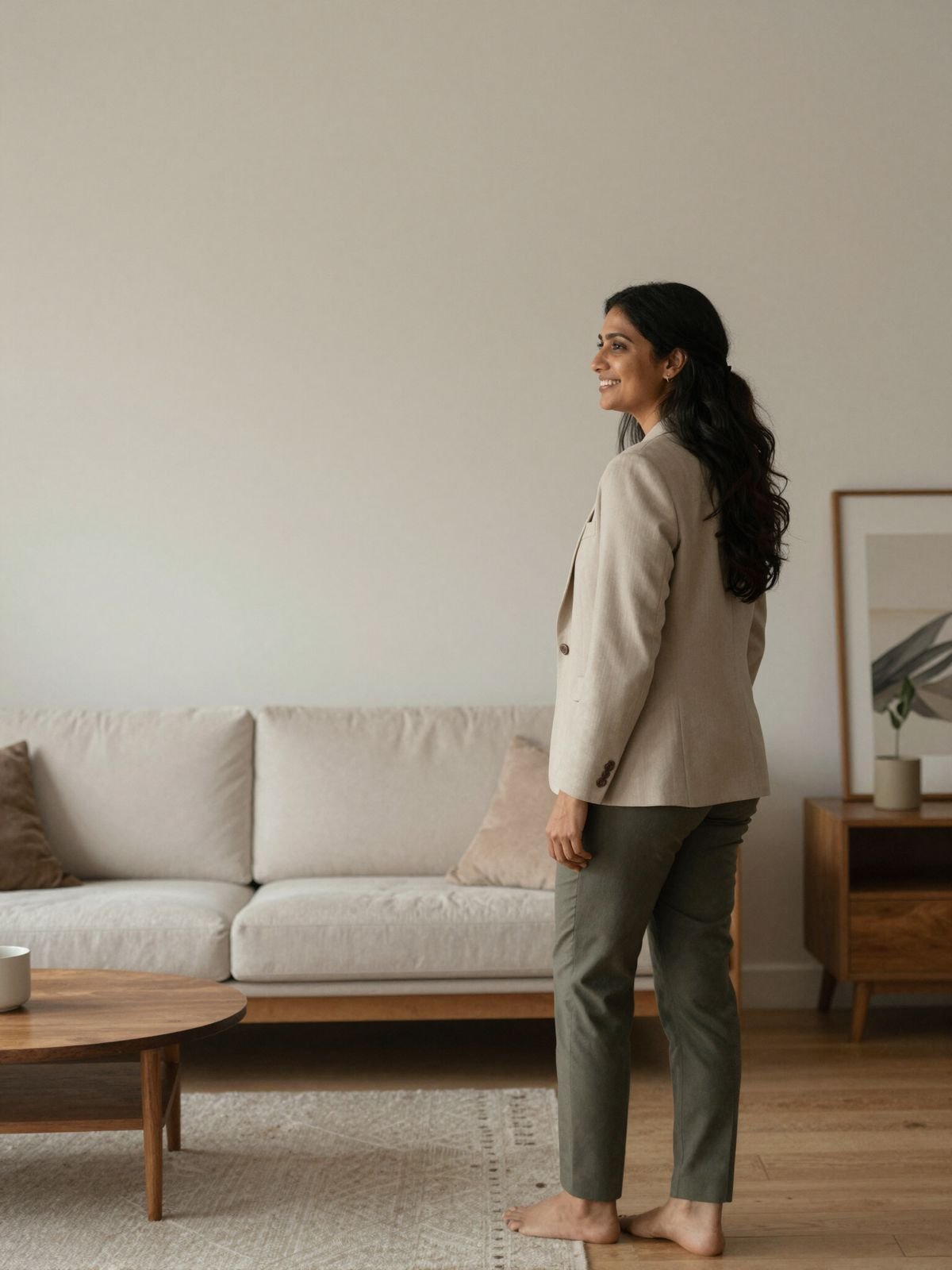 A woman standing calmly in a bright, comfortable living room