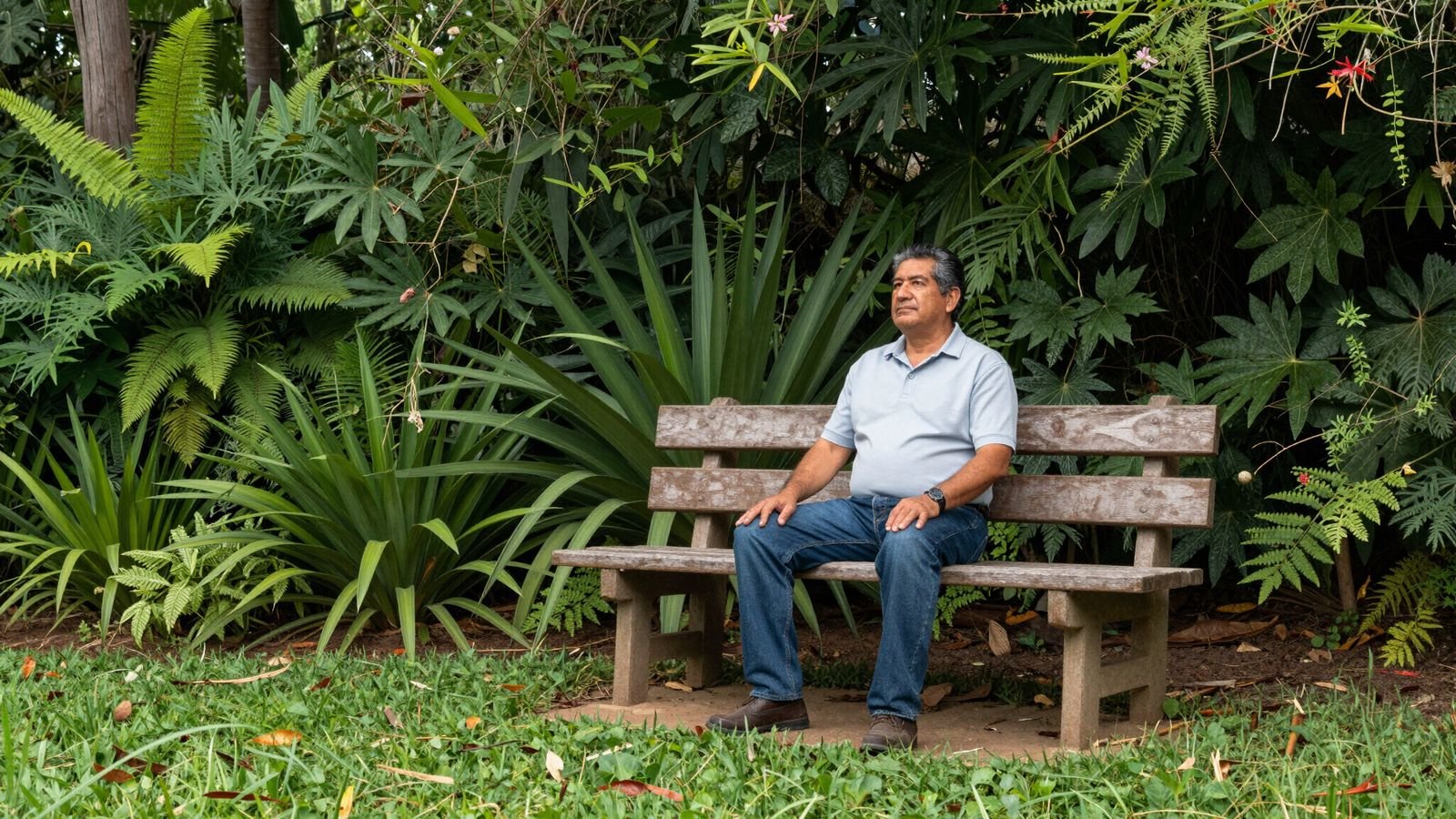 A man resting on a garden bench surrounded by lush green plants