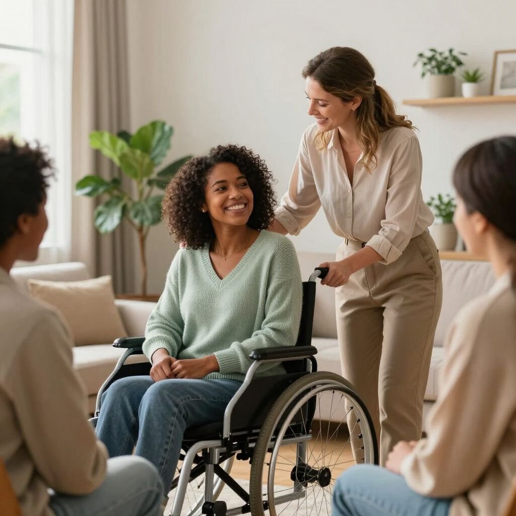 A support worker chatting warmly with a participant in a wheelchair and family members in a bright living room