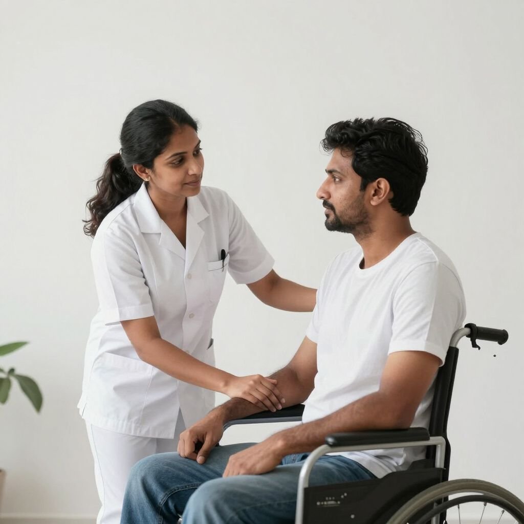 A support worker assisting a man in a wheelchair
