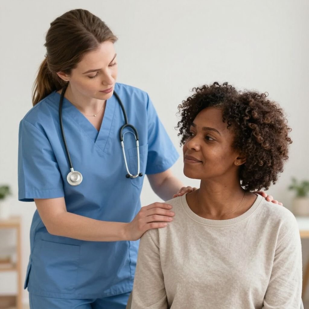 A carer gently supporting a woman with a hand on her shoulder