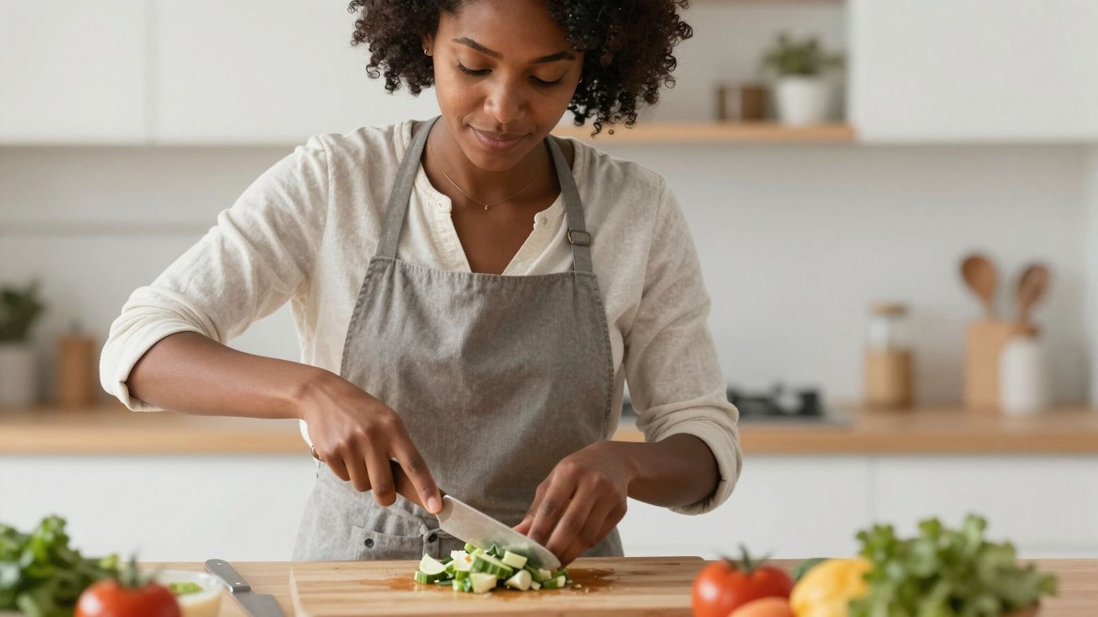 A support worker and participant preparing fresh vegetables together in a home kitchen